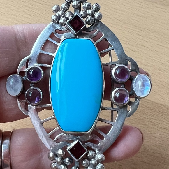 HUGE VINTAGE TURQUOISE AMETHYST GARNET MOONSTONE PENDANT PIN BROOCH 925STERLING